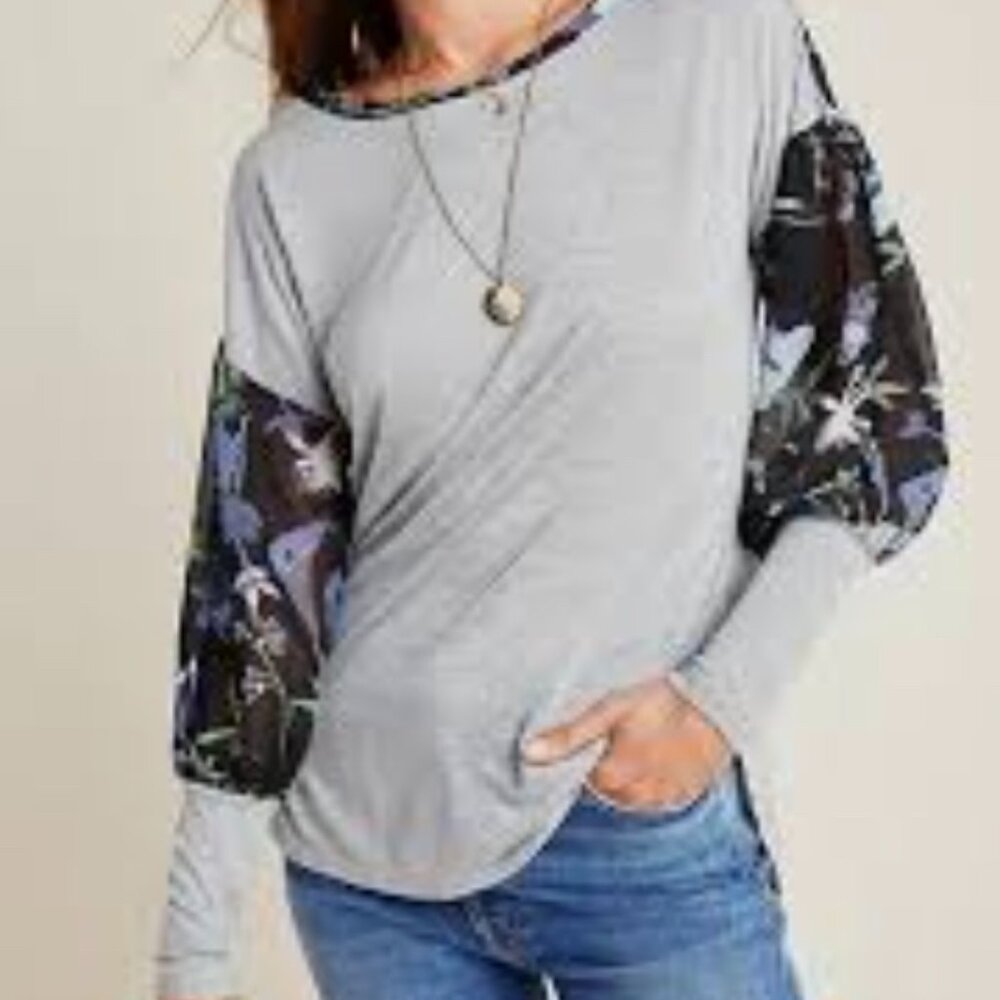 TINY Anthropologie Grey Mixed Media -Spring Floral. Size: Large. Gently used.